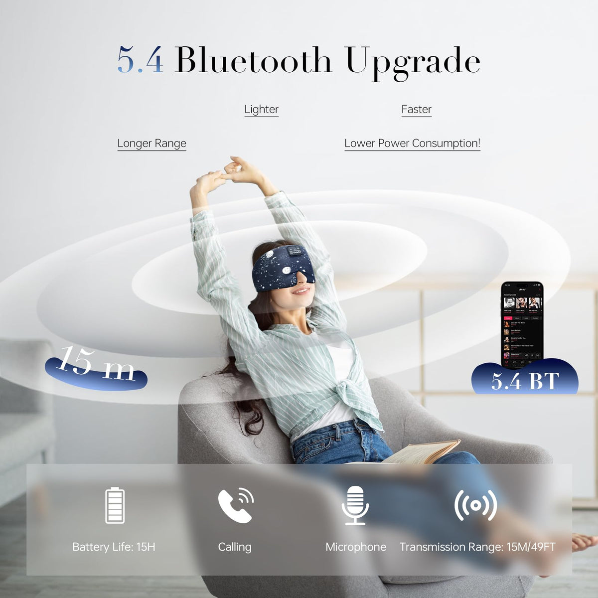 LC-dolida Sleep Mask with Bluetooth Headphones, Silk Eye Mask for Sleeping Side Day Sleepers, 5.4 Bluetooth Silk Sleep Mask Headphones for Women Men with Thin Speaker, Blackout, Comfort