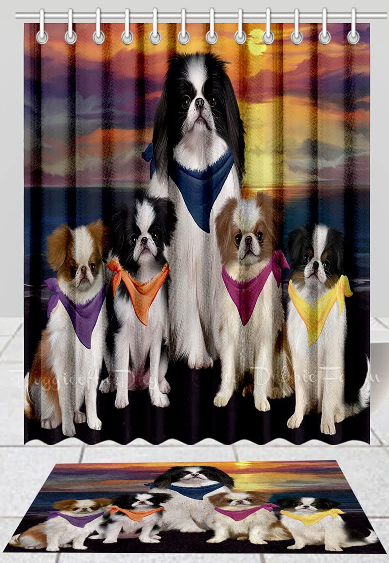 Doggie of the Day Japanese Chin Dog Bath Mat & Shower Curtain Combo - Non-Slip Bathroom Decor Plush Rug Mat Polyester Bathtub Curtain Screens with Hooks
