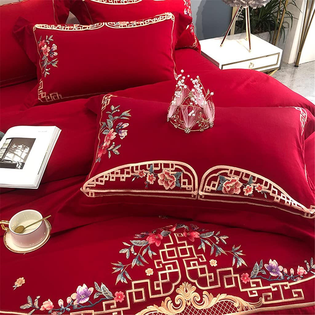 Chinese Style 100 Cotton Satin Wedding Embroidery Four-Piece Set of Simple Big Red Wedding Duvet Cover Bedding (Color : E Size : 1.8m) (F 2m)