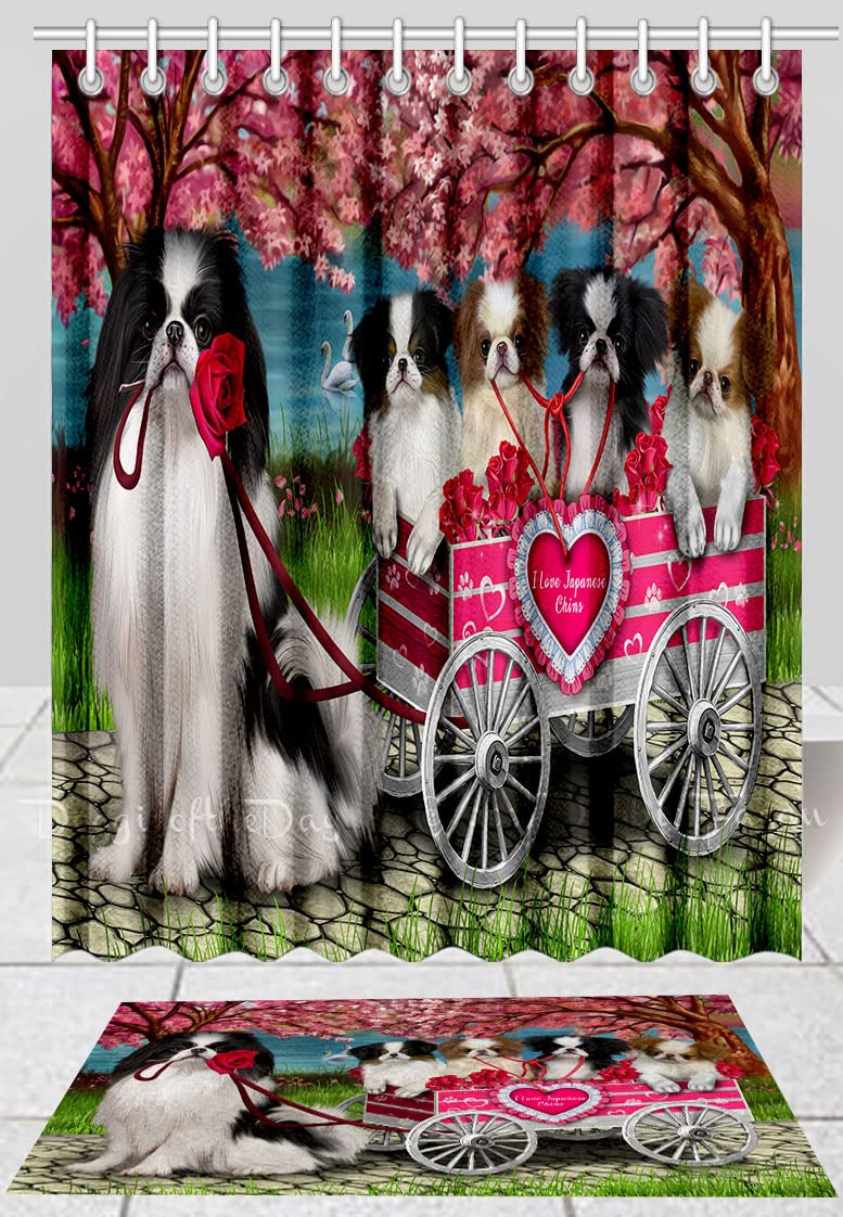Doggie of the Day Japanese Chin Dog Bath Mat & Shower Curtain Combo - Non-Slip Bathroom Decor Plush Rug Mat Polyester Bathtub Curtain Screens with Hooks