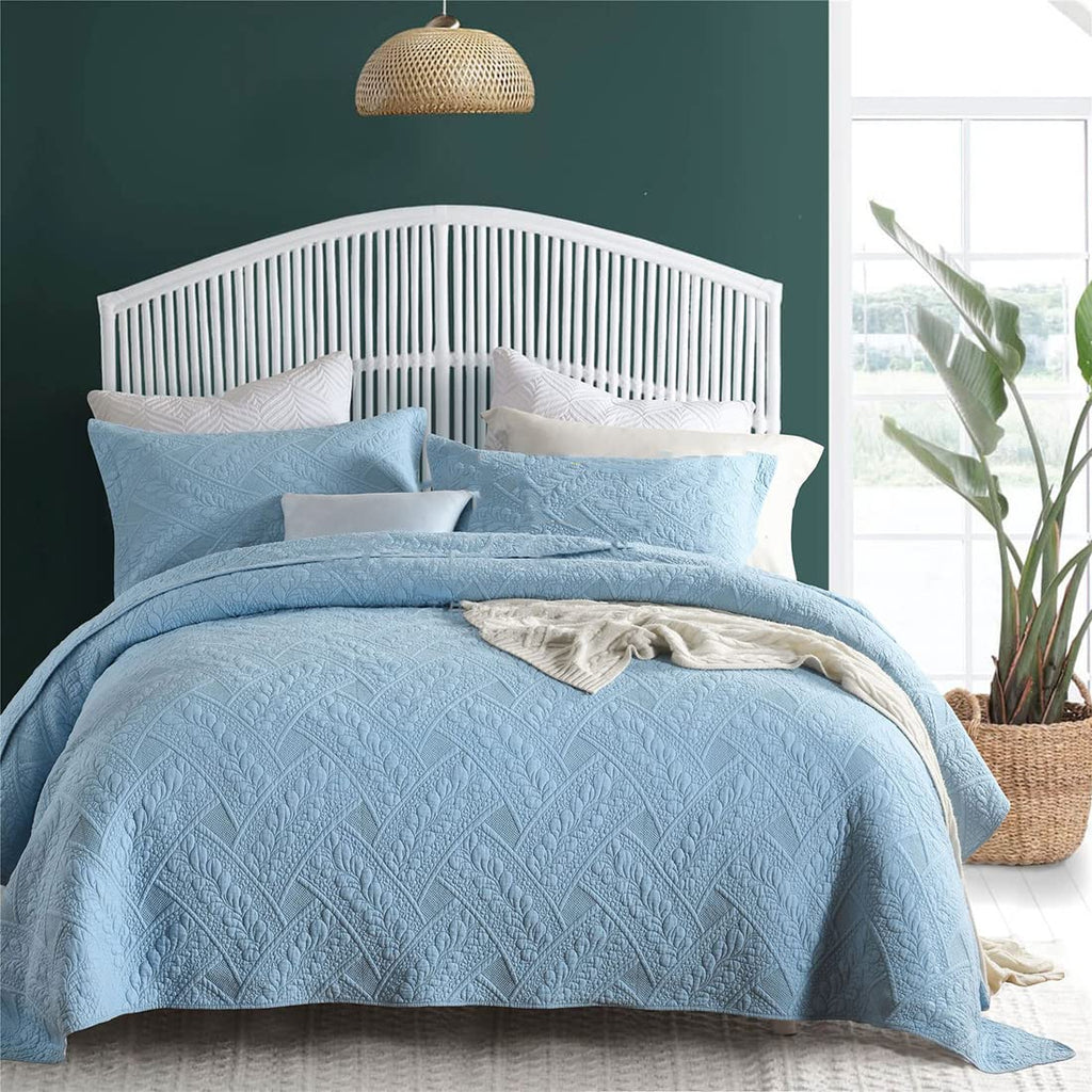 UOIO 3 Piece Cotton Quilt Sets Floral Embroidery Bedspread Bed Cover Coverlet Comforter 1 Quilt and 2 Pillow Shams (Blue, Queen),Cotton Duvet