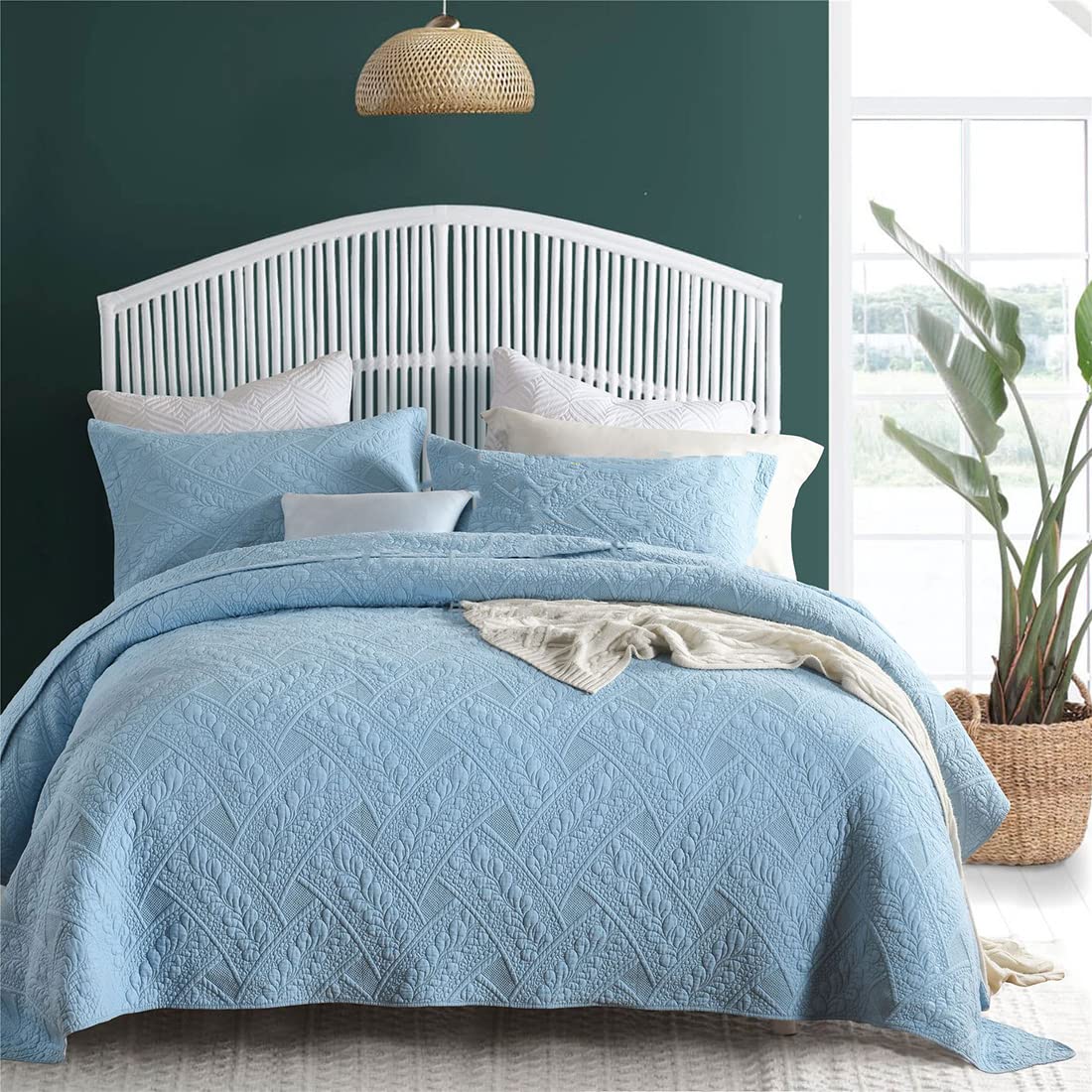 UOIO 3 Piece Cotton Quilt Sets Floral Embroidery Bedspread Bed Cover Coverlet Comforter 1 Quilt and 2 Pillow Shams (Blue, Queen),Cotton Duvet