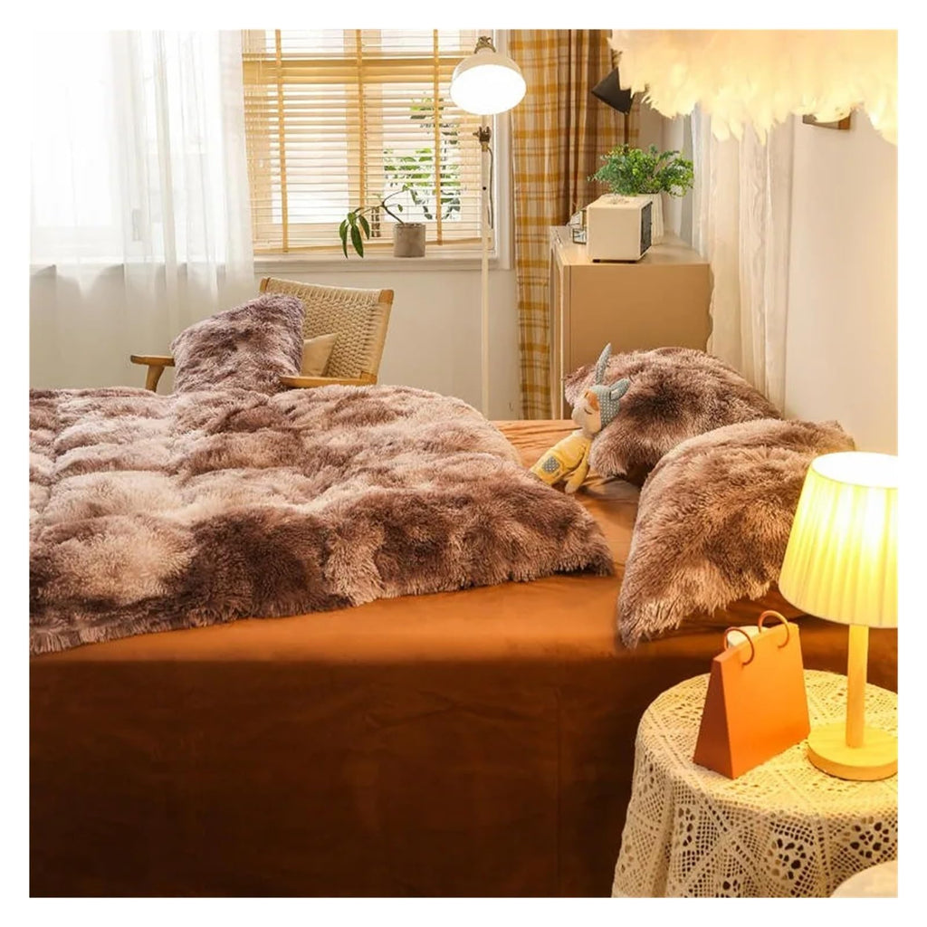Comforter Cover Set, Gradient Color Plush Shaggy Ultra Soft Bedding Sets 4Pcs, Rainbow Tie Dye Comforter for Winter (Khaki King)