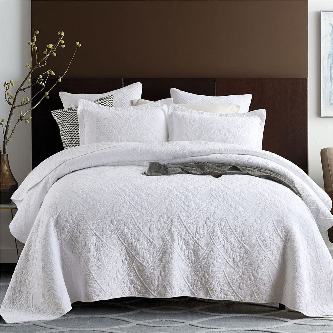 UOIO 3 Piece Cotton Quilt Sets Floral Embroidery Bedspread Bed Cover Coverlet Comforter 1 Quilt and 2 Pillow Shams (Blue, Queen),Cotton Duvet