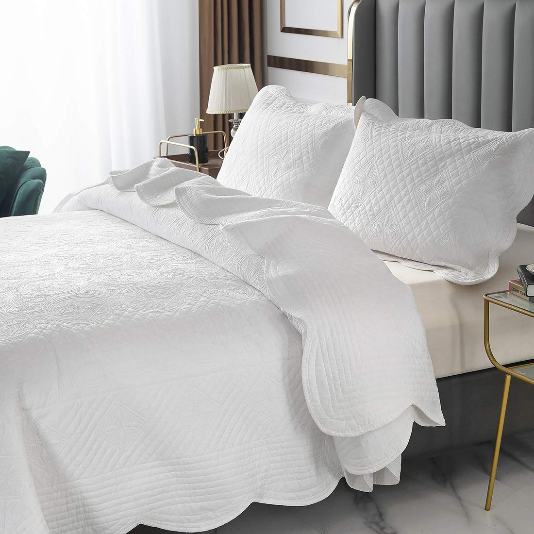 3 Piece 100% Cotton Solid Quilt Set Oversize Queen Embroidered Pattern Lightweight Quilted Coverlet Bedspread Compatible with All Season (Blue,Oversize Queen) (White Oversize Queen(106"x92"))