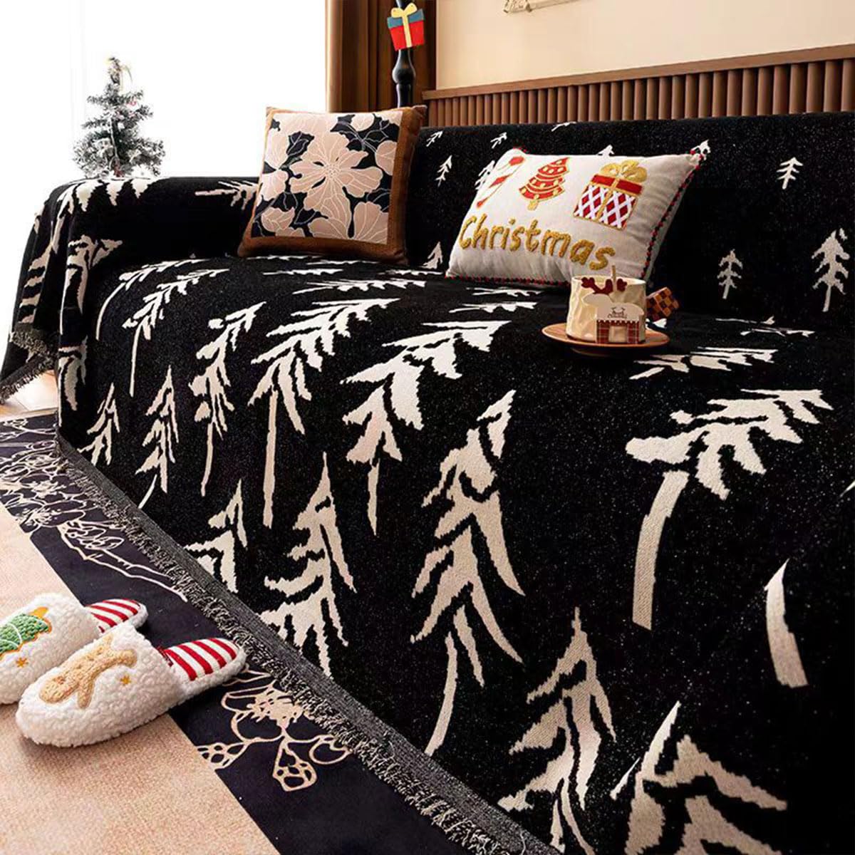 SYXJXEI Christmas Chenille Sofa Throw Cover for Couch, Soft Woven Couch Cover Blanket with Tassels, Washable Furniture Protector for Pets, Nordic Pine Tree Holiday Sofa Cover for Living Room