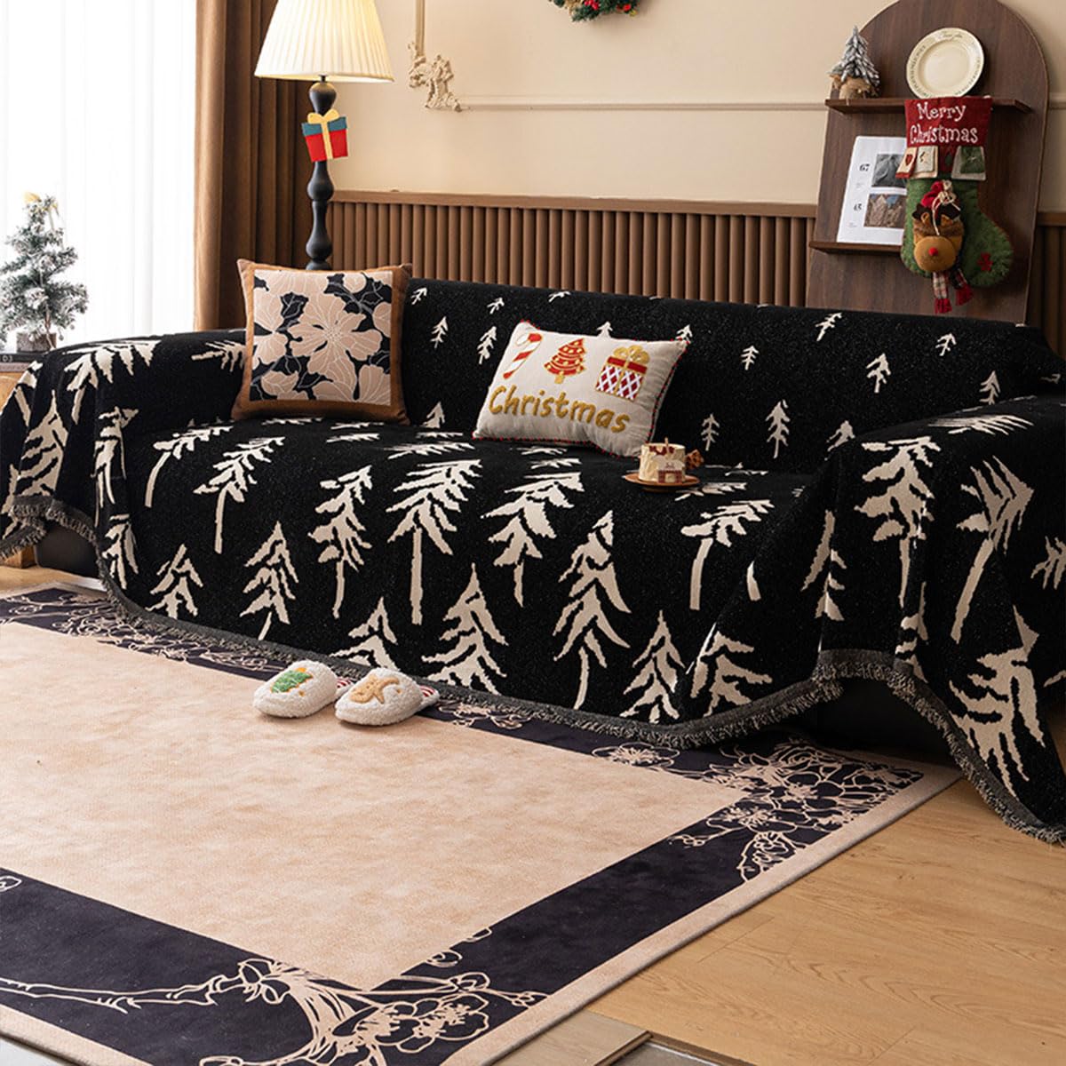 SYXJXEI Christmas Chenille Sofa Throw Cover for Couch, Soft Woven Couch Cover Blanket with Tassels, Washable Furniture Protector for Pets, Nordic Pine Tree Holiday Sofa Cover for Living Room