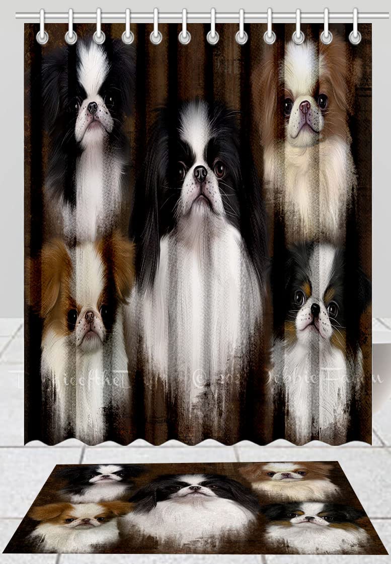 Doggie of the Day Japanese Chin Dog Bath Mat & Shower Curtain Combo - Non-Slip Bathroom Decor Plush Rug Mat Polyester Bathtub Curtain Screens with Hooks
