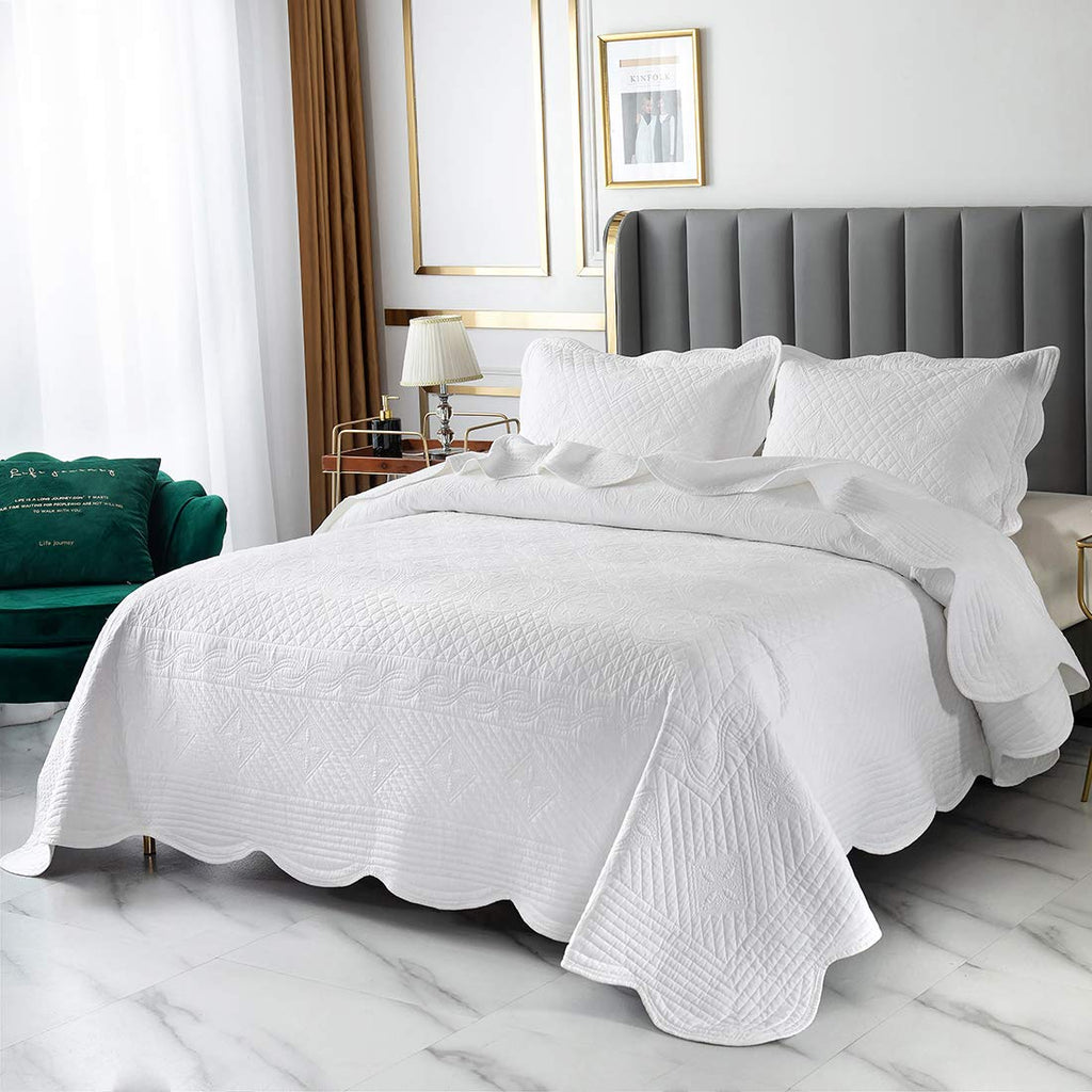 3 Piece 100% Cotton Solid Quilt Set Oversize Queen Embroidered Pattern Lightweight Quilted Coverlet Bedspread Compatible with All Season (Blue,Oversize Queen) (White Oversize Queen(106"x92"))