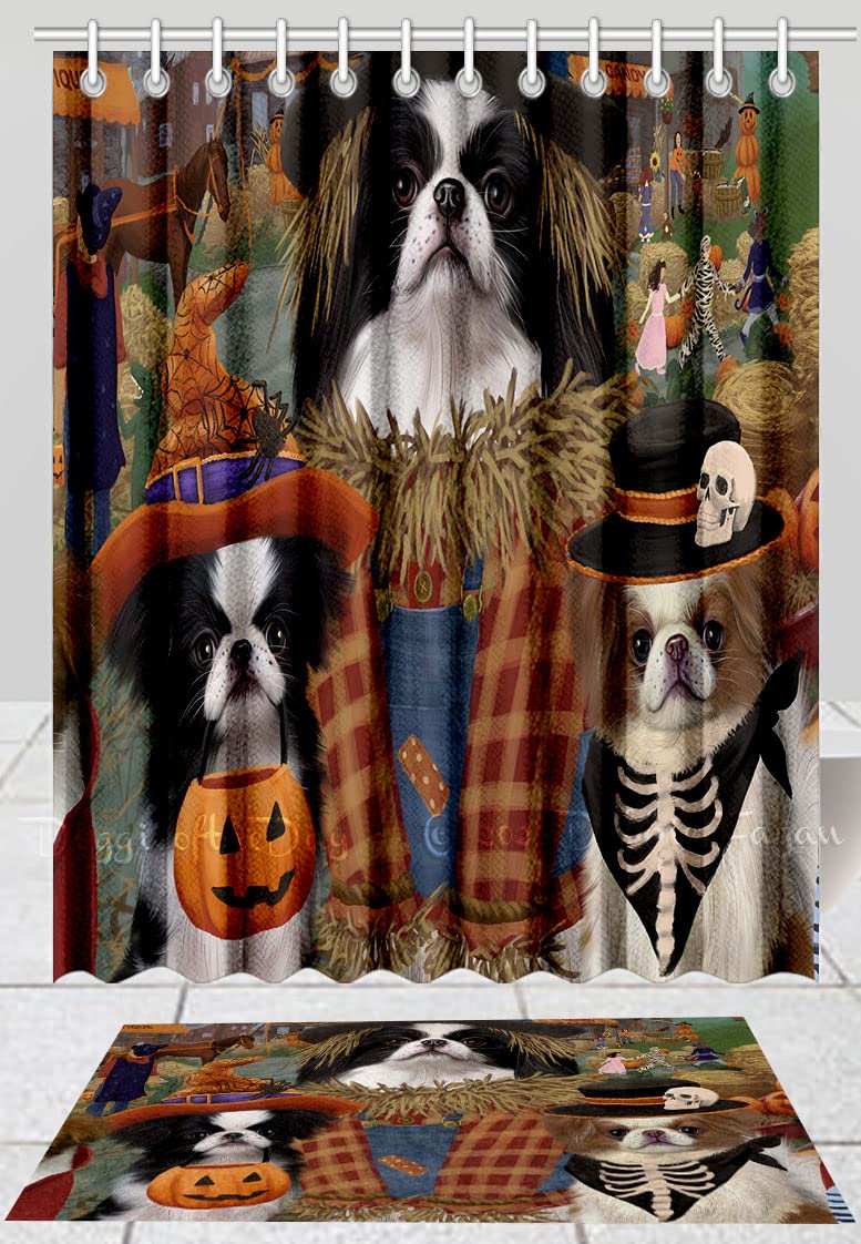 Doggie of the Day Japanese Chin Dog Bath Mat & Shower Curtain Combo - Non-Slip Bathroom Decor Plush Rug Mat Polyester Bathtub Curtain Screens with Hooks