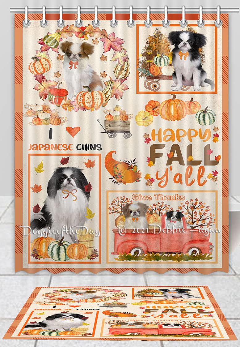 Doggie of the Day Japanese Chin Dog Bath Mat & Shower Curtain Combo - Non-Slip Bathroom Decor Plush Rug Mat Polyester Bathtub Curtain Screens with Hooks