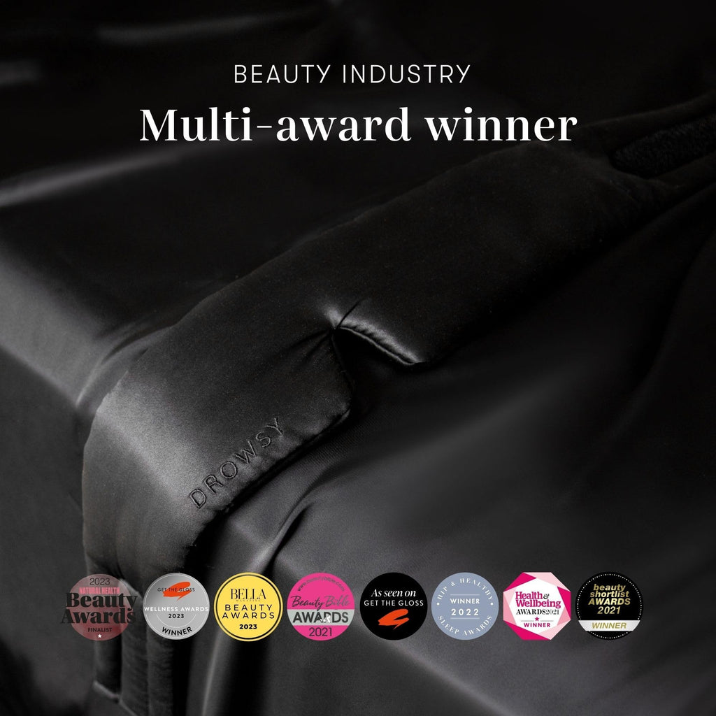 DROWSY Silk Sleep Mask. Face-Hugging, Padded Silk Cocoon for Luxury Sleep in Total Darkness.