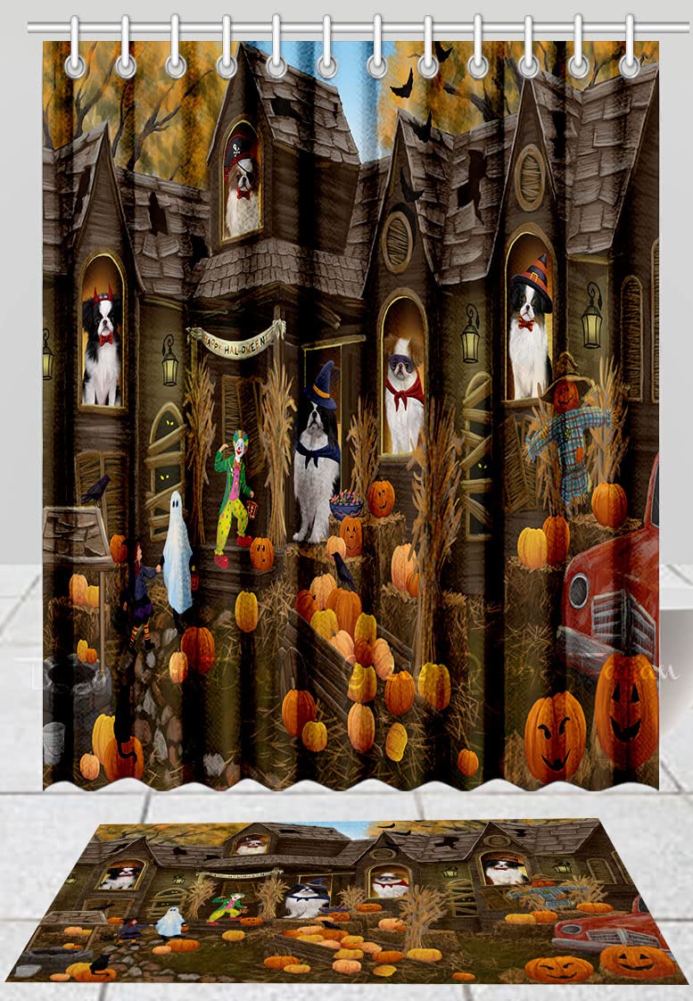 Doggie of the Day Japanese Chin Dog Bath Mat & Shower Curtain Combo - Non-Slip Bathroom Decor Plush Rug Mat Polyester Bathtub Curtain Screens with Hooks