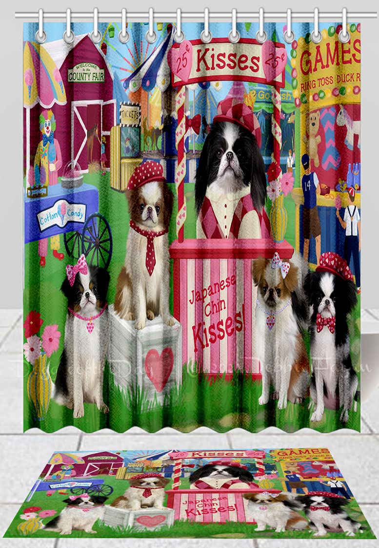 Doggie of the Day Japanese Chin Dog Bath Mat & Shower Curtain Combo - Non-Slip Bathroom Decor Plush Rug Mat Polyester Bathtub Curtain Screens with Hooks