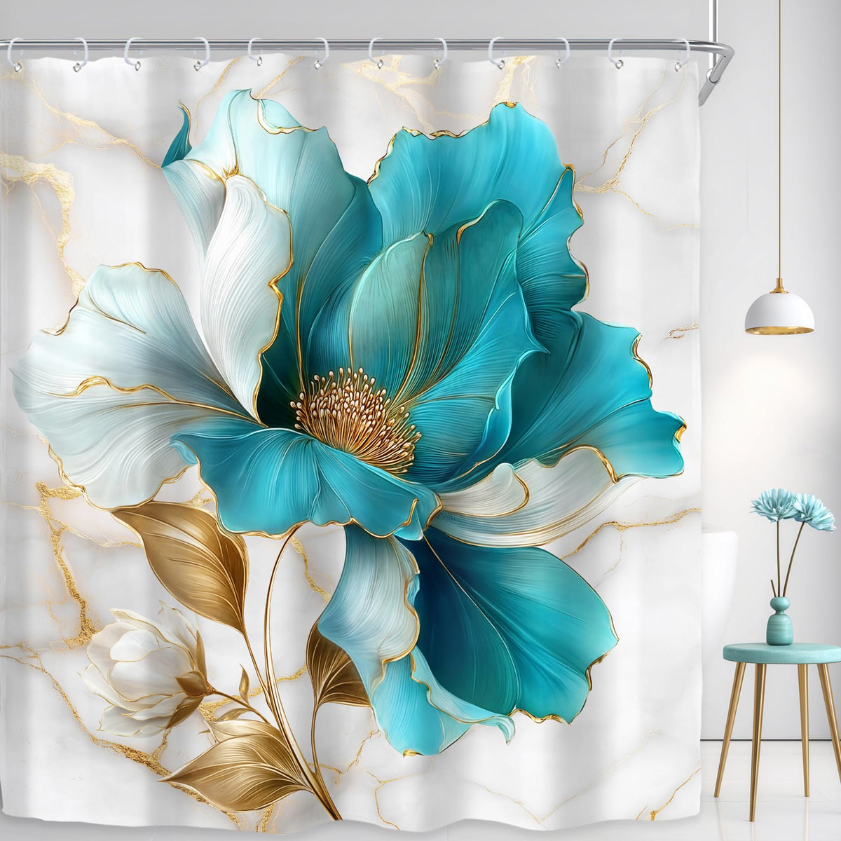 Riyidecor Marble Floral 4PCS Shower Curtain Sets