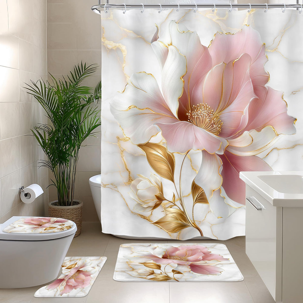 Riyidecor Marble Floral 4PCS Shower Curtain Sets