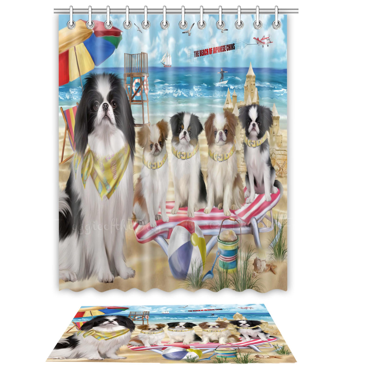 Doggie of the Day Japanese Chin Dog Bath Mat & Shower Curtain Combo - Non-Slip Bathroom Decor Plush Rug Mat Polyester Bathtub Curtain Screens with Hooks