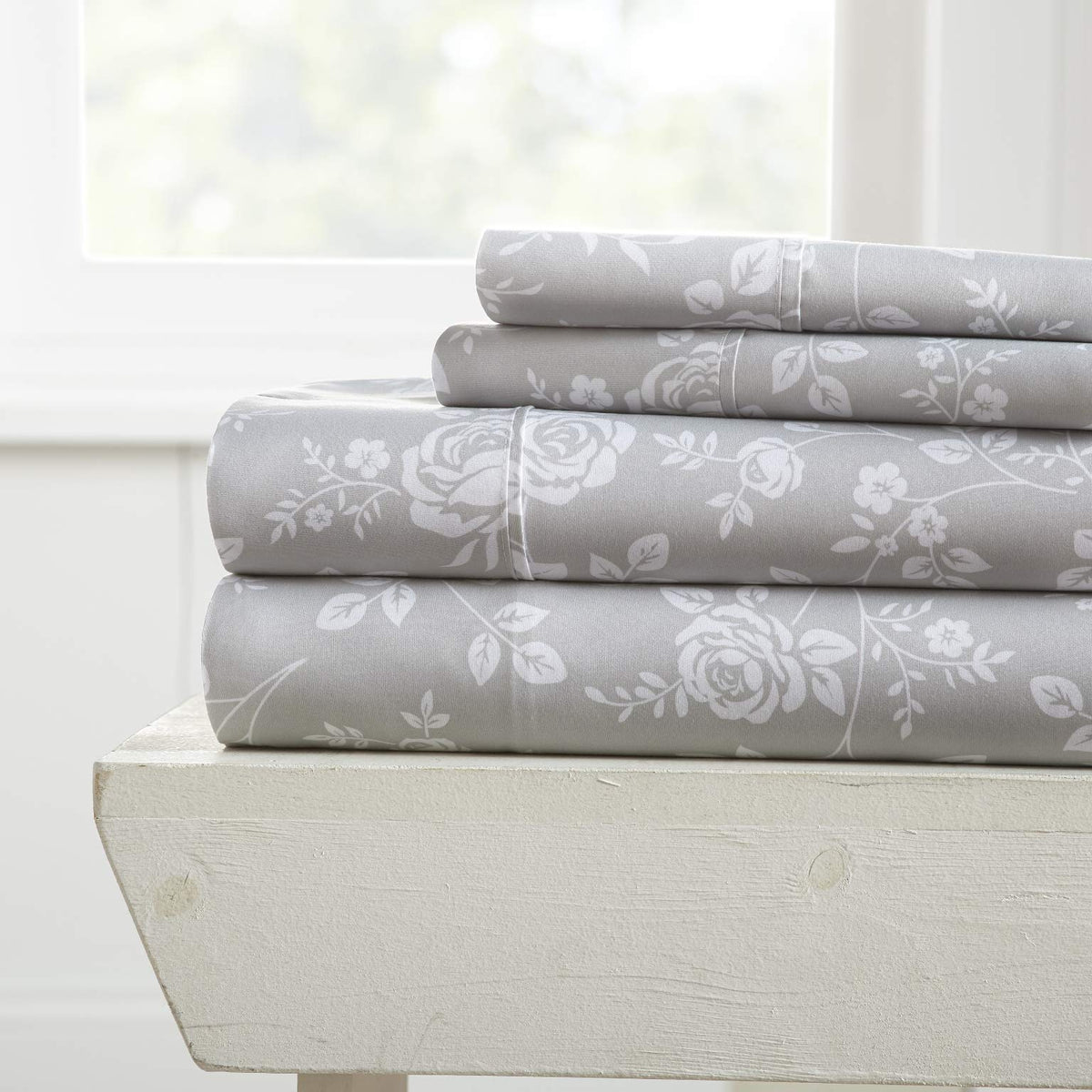 California King Ultra Soft Rose Gray Pattern 4 Piece Bed Sheet Set (Units per case: 12)