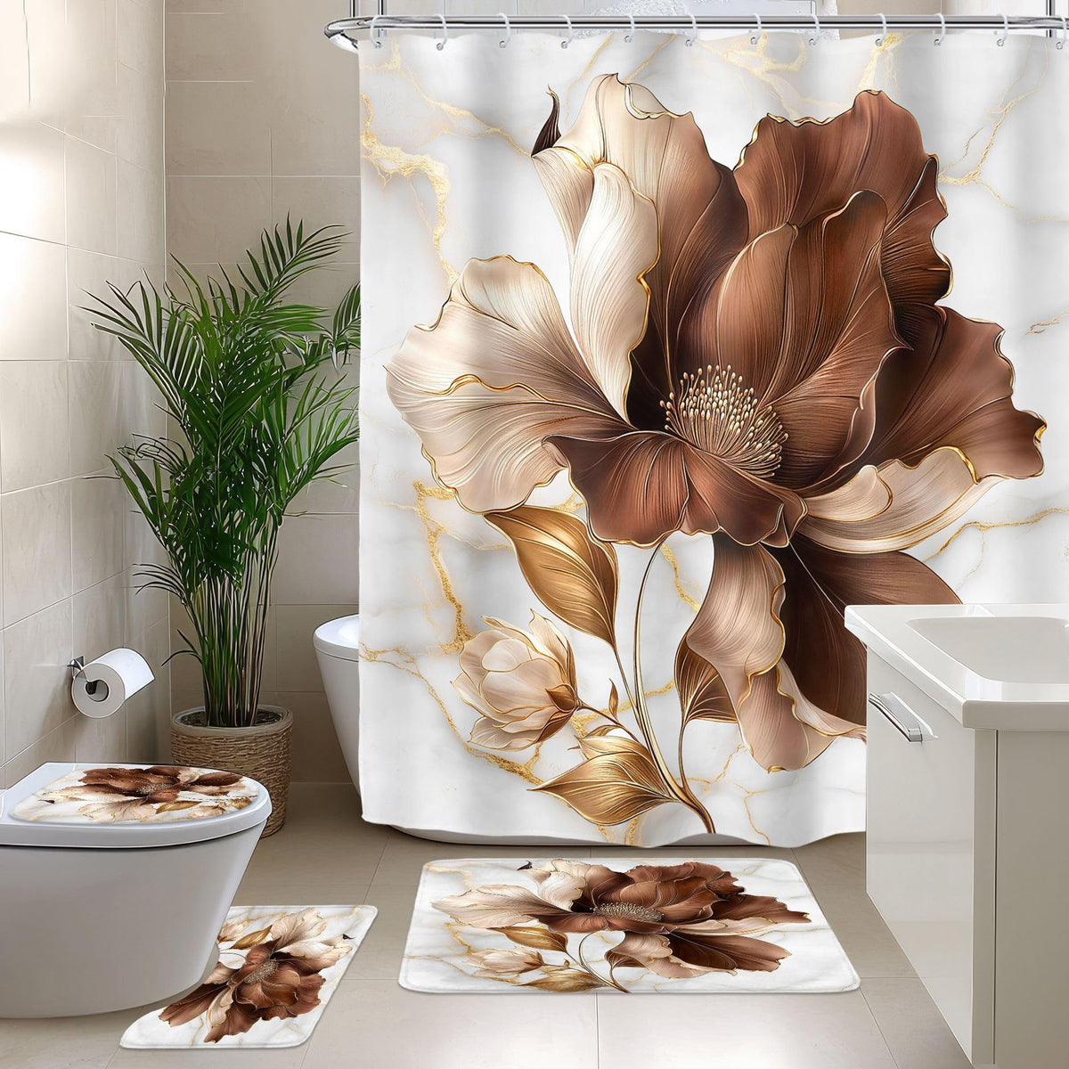 Riyidecor Marble Floral 4PCS Shower Curtain Sets