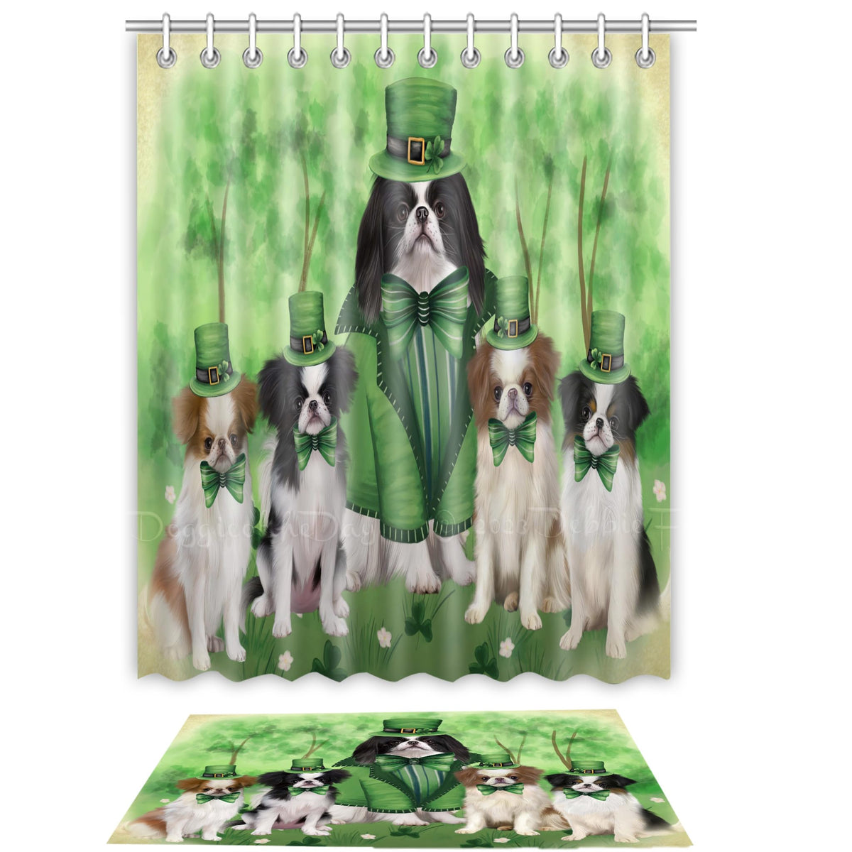 Doggie of the Day Japanese Chin Dog Bath Mat & Shower Curtain Combo - Non-Slip Bathroom Decor Plush Rug Mat Polyester Bathtub Curtain Screens with Hooks