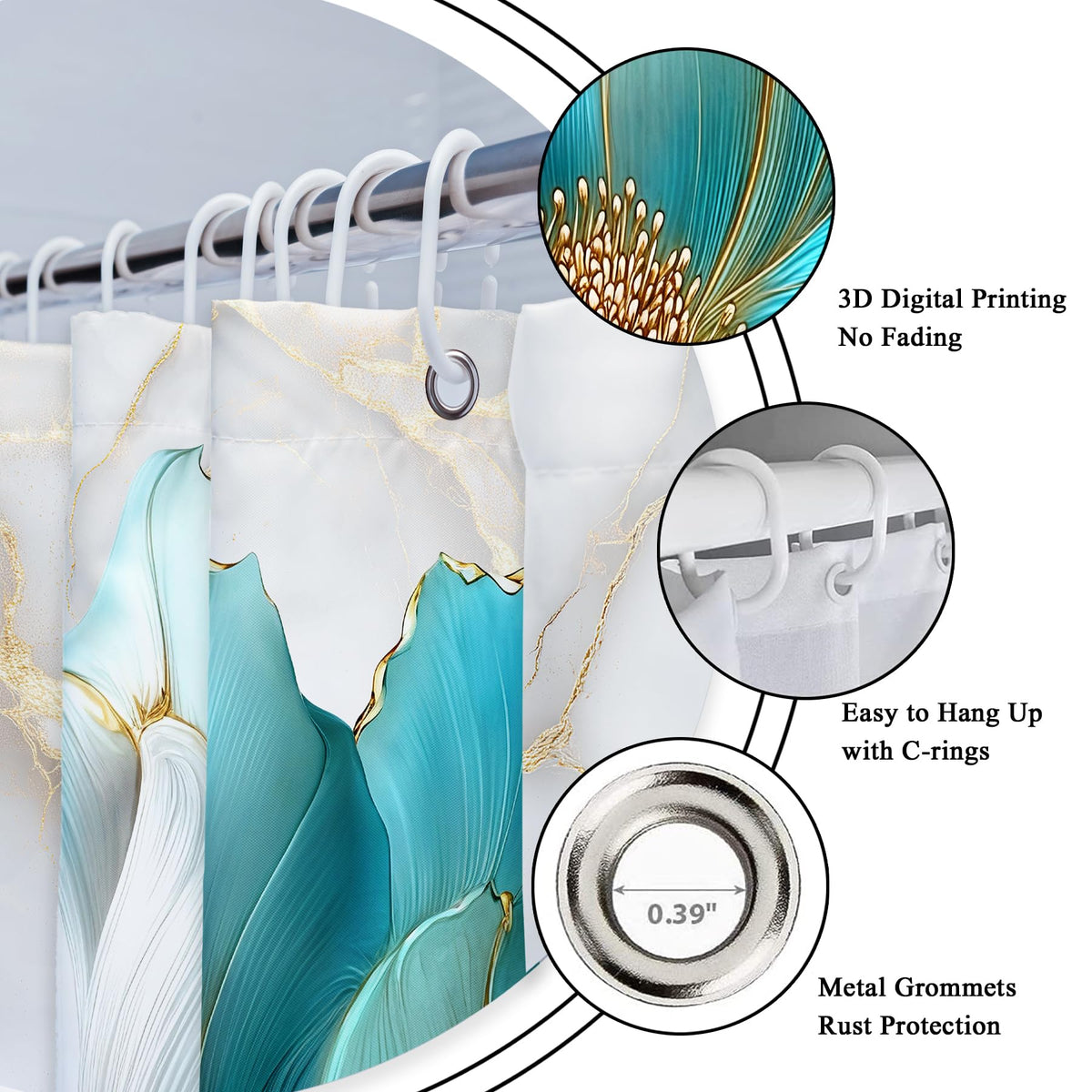 Riyidecor Marble Floral 4PCS Shower Curtain Sets