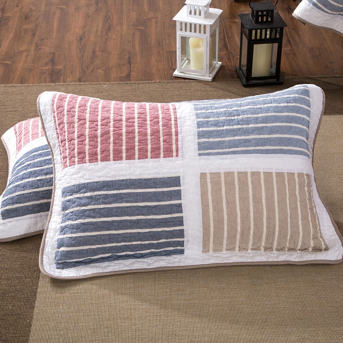 Patchwork Quilted Bedspread Reversible Cotton Coverlets Set 3 Pieces Lightweight Vintage Multicolor Stripe Stitching Pattern Double King Quilt with 2 Pillow Shams