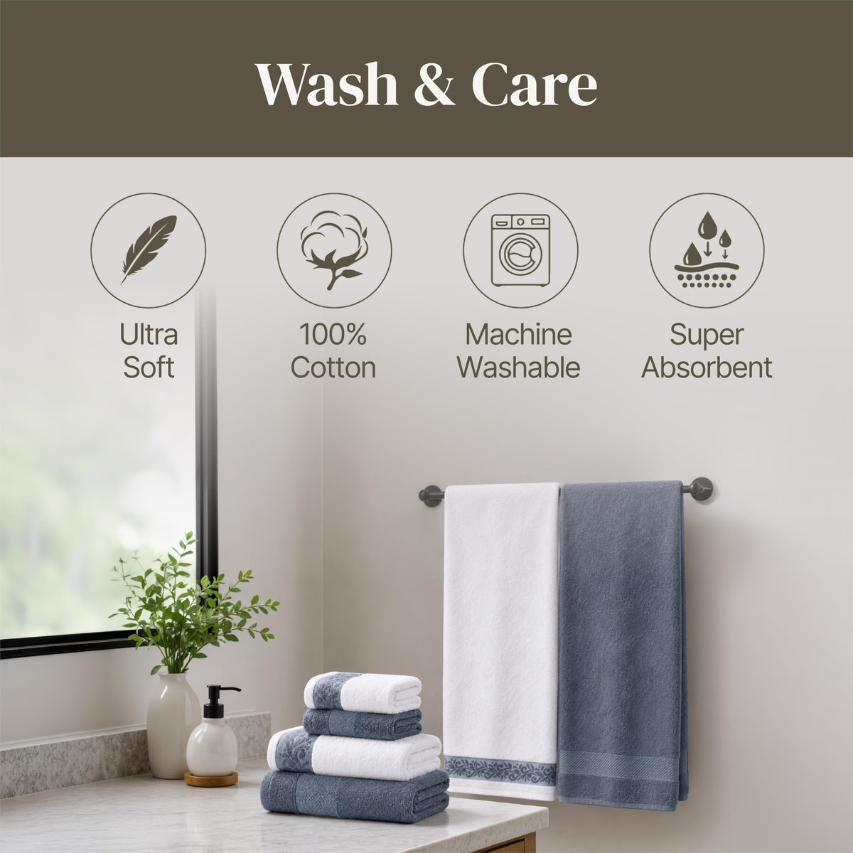 Modern Threads 6-Piece Towel Set – 100% Cotton, Quick Dry, Ultra Absorbent – Includes 2 Bath, 2 Hand, 2 Washcloths