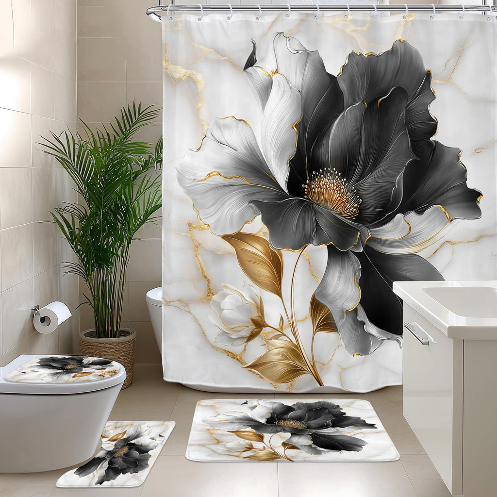 Riyidecor Marble Floral 4PCS Shower Curtain Sets