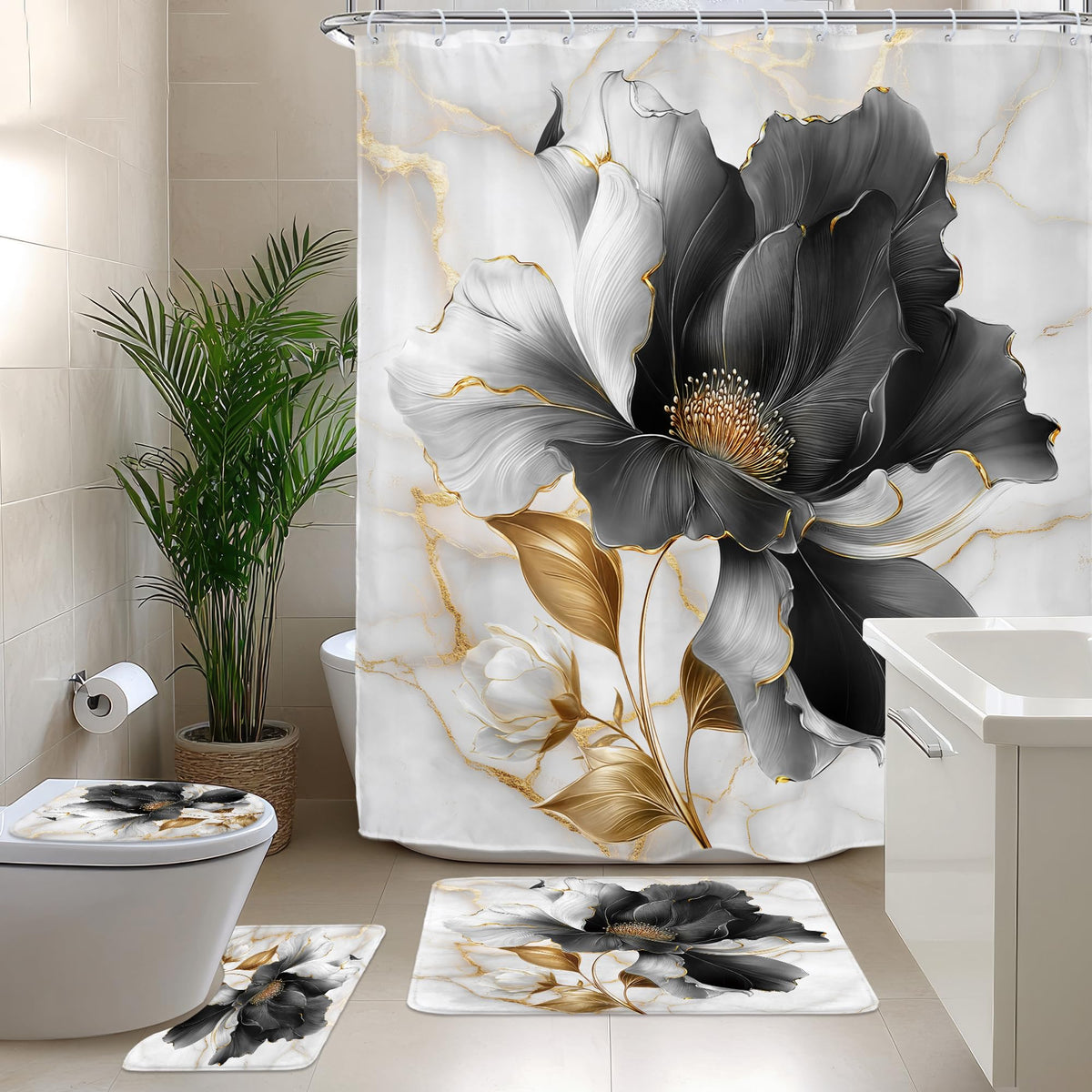 Riyidecor Marble Floral 4PCS Shower Curtain Sets