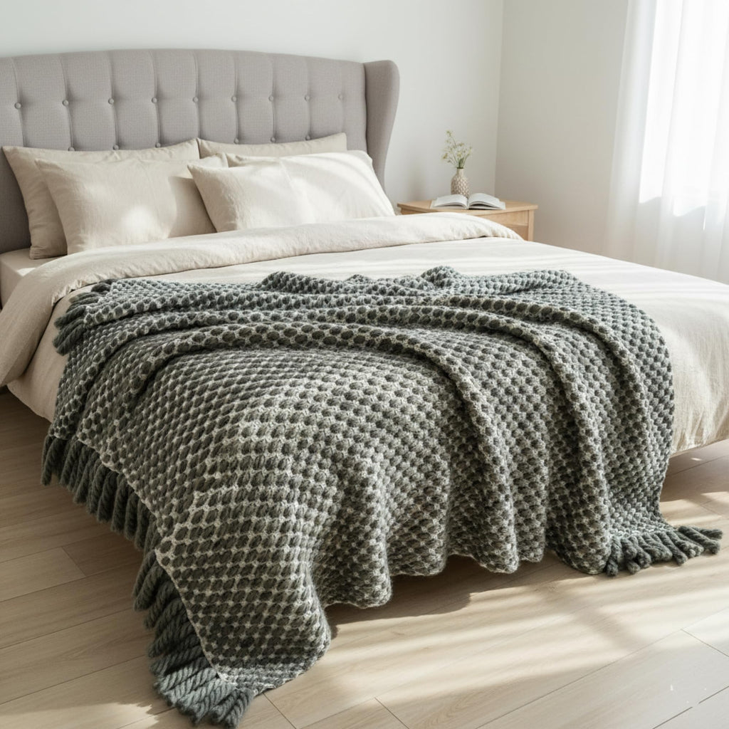 Chunky Hand-Crafted Wool Throw Blanket Gray White 65x75 in