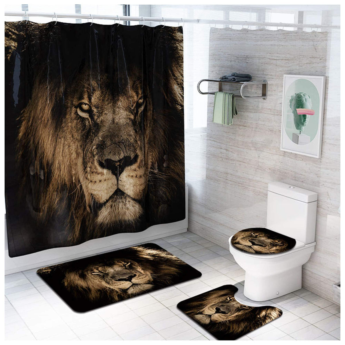 16 Pcs Shower Curtain Sets with Rugs Waterproof Fabric Bathroom Curtains Bath Rugs Toilet Mat Toilet Lid Rug with 12 Hooks Elephant Lion Tiger Bathroom Accessories 10 (9)