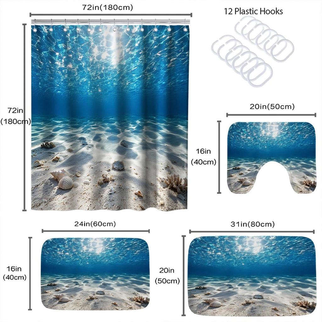 Luxury Ocean Coastal 4 Pcs Bathroom Sets with Shower Curtain Set and Rugs