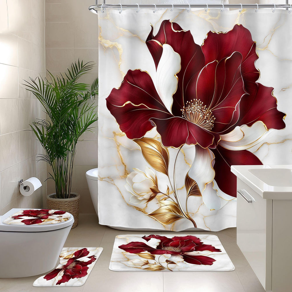Riyidecor Marble Floral 4PCS Shower Curtain Sets