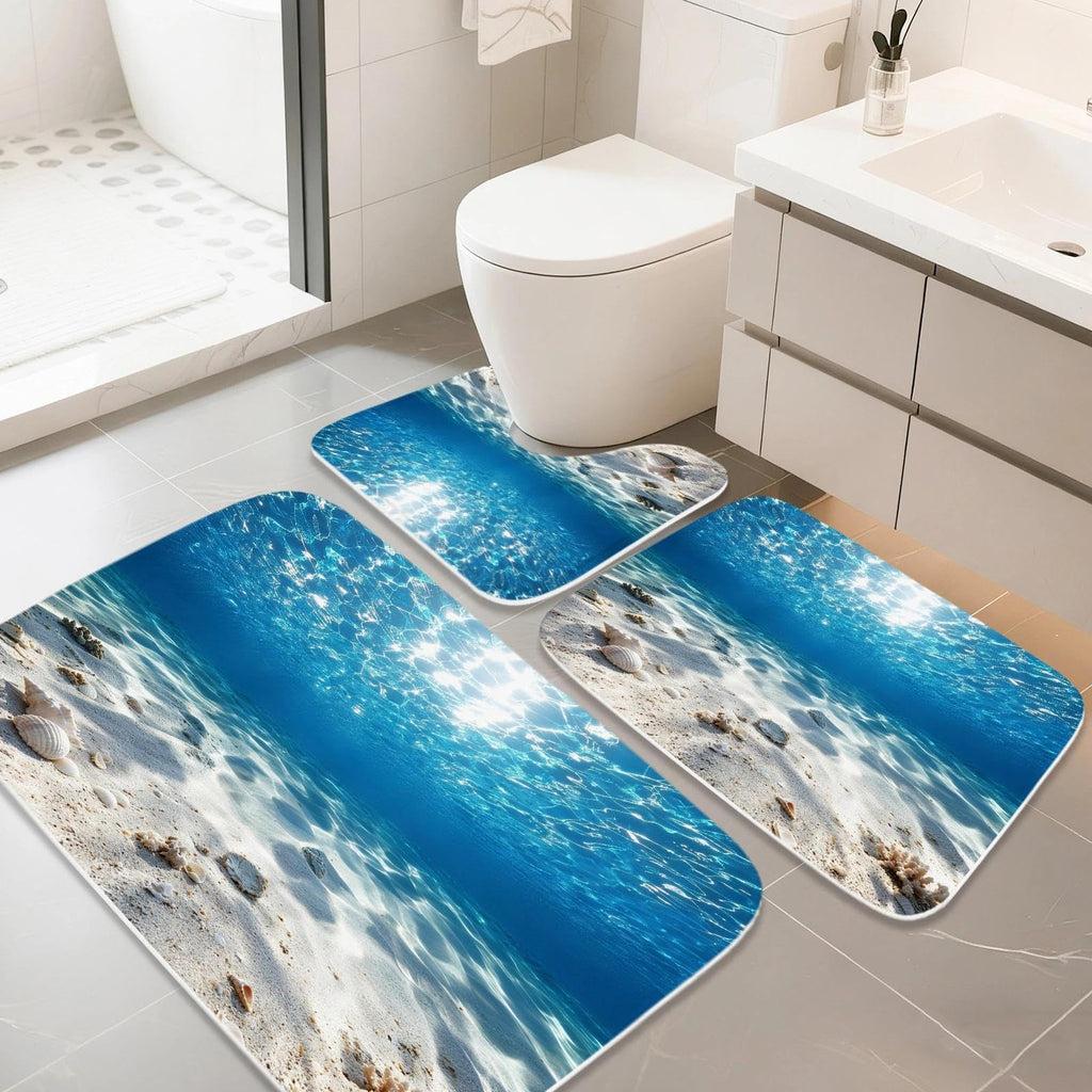 Luxury Ocean Coastal 4 Pcs Bathroom Sets with Shower Curtain Set and Rugs