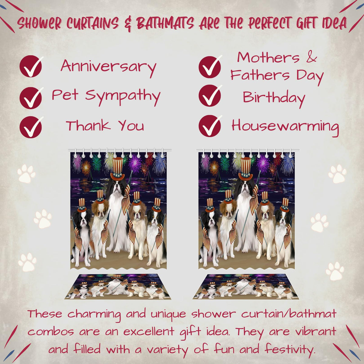Doggie of the Day Japanese Chin Dog Bath Mat & Shower Curtain Combo - Non-Slip Bathroom Decor Plush Rug Mat Polyester Bathtub Curtain Screens with Hooks