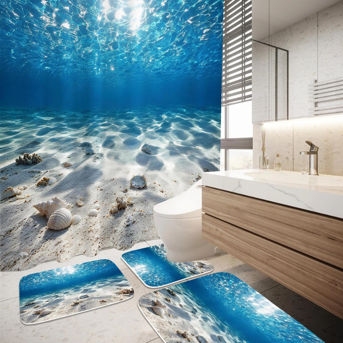 Luxury Ocean Coastal 4 Pcs Bathroom Sets with Shower Curtain Set and Rugs