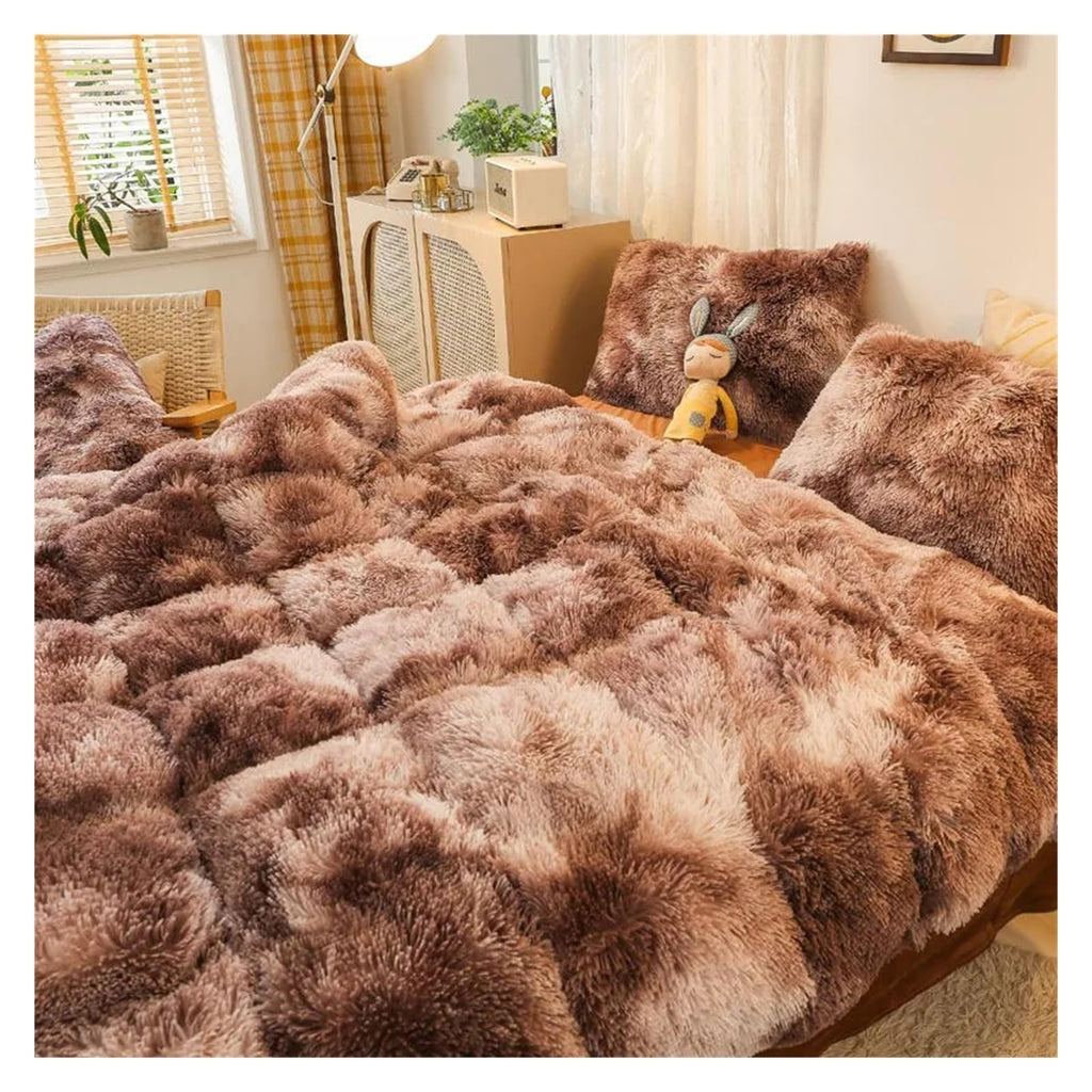 Comforter Cover Set, Gradient Color Plush Shaggy Ultra Soft Bedding Sets 4Pcs, Rainbow Tie Dye Comforter for Winter (Khaki King)