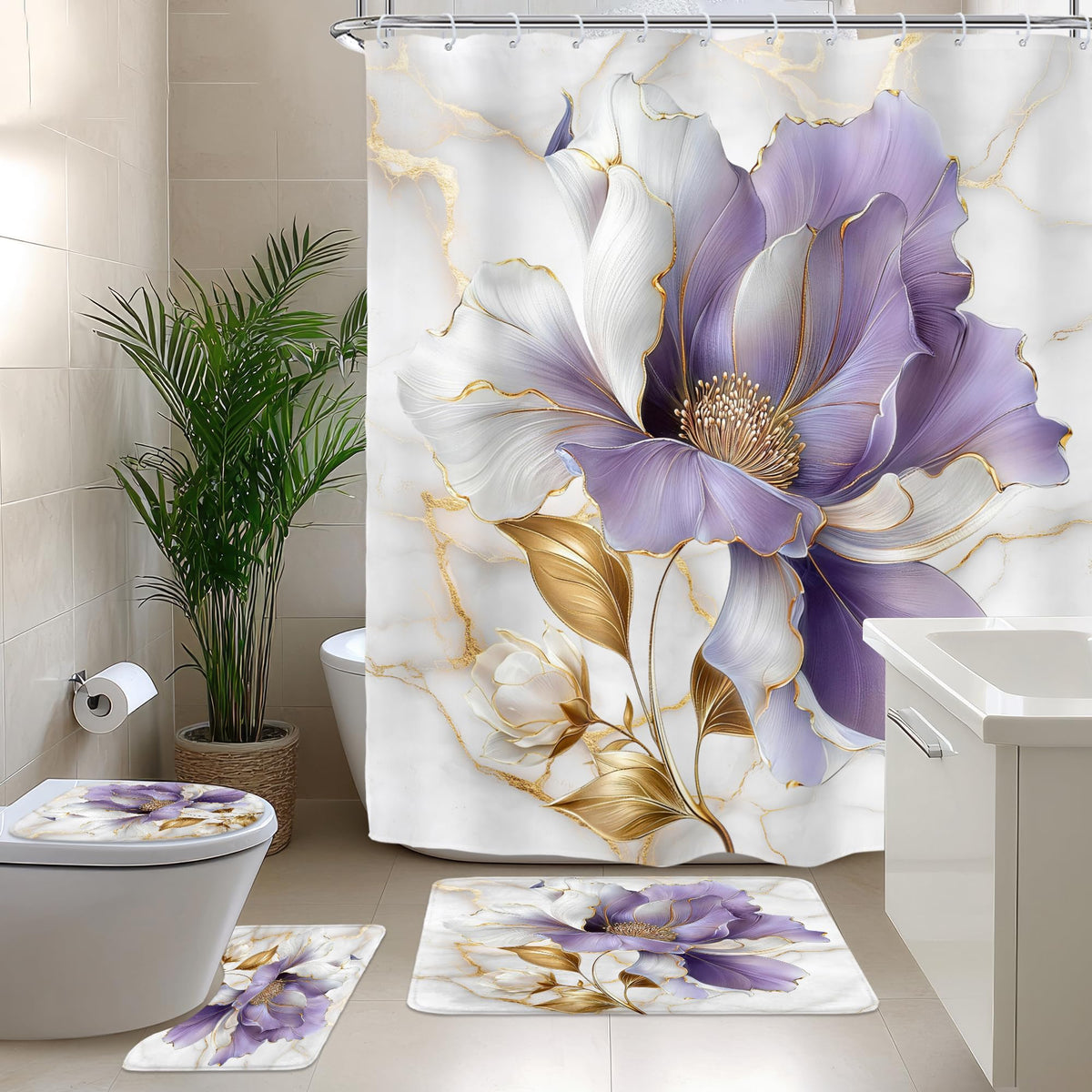Riyidecor Marble Floral 4PCS Shower Curtain Sets