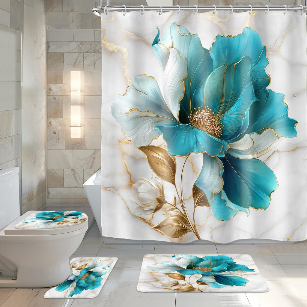 Riyidecor Marble Floral 4PCS Shower Curtain Sets