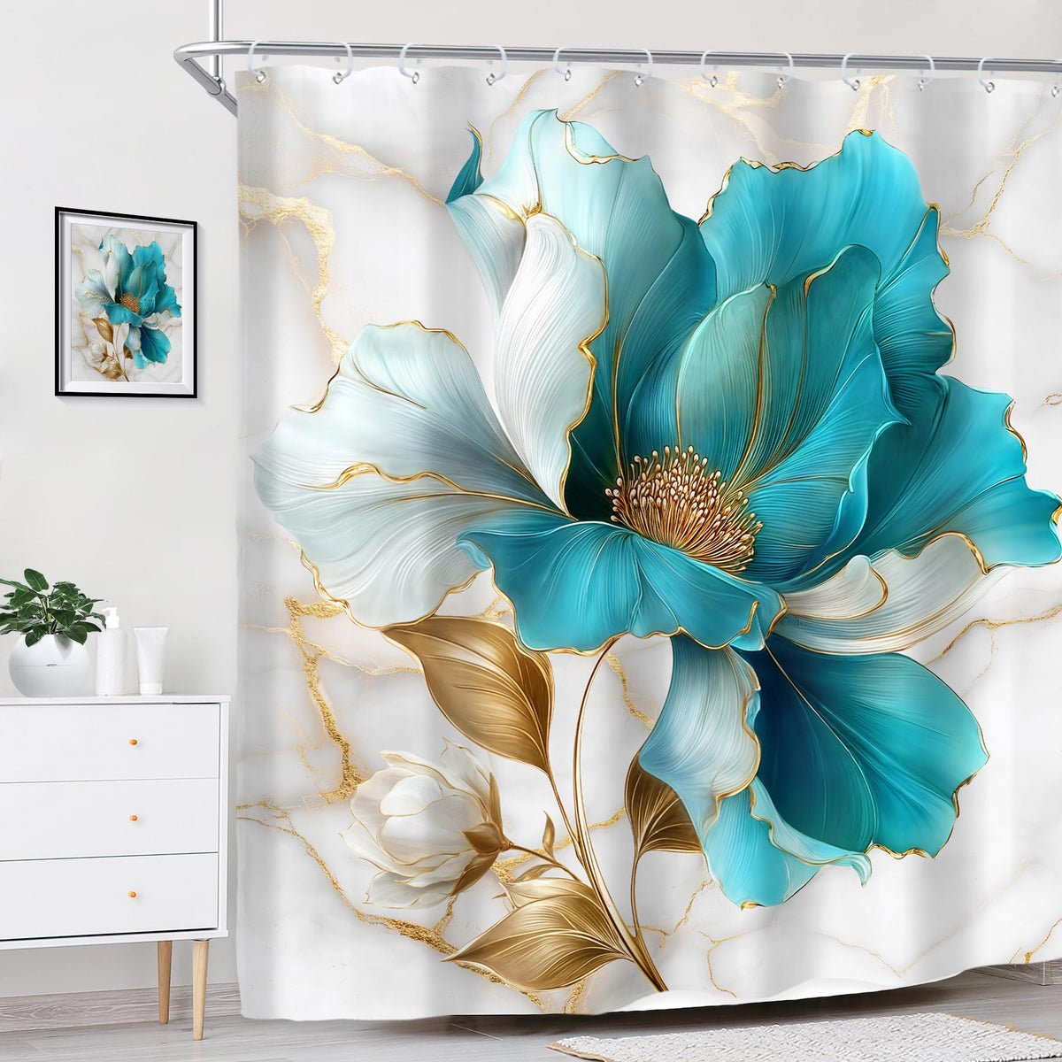 Riyidecor Marble Floral 4PCS Shower Curtain Sets