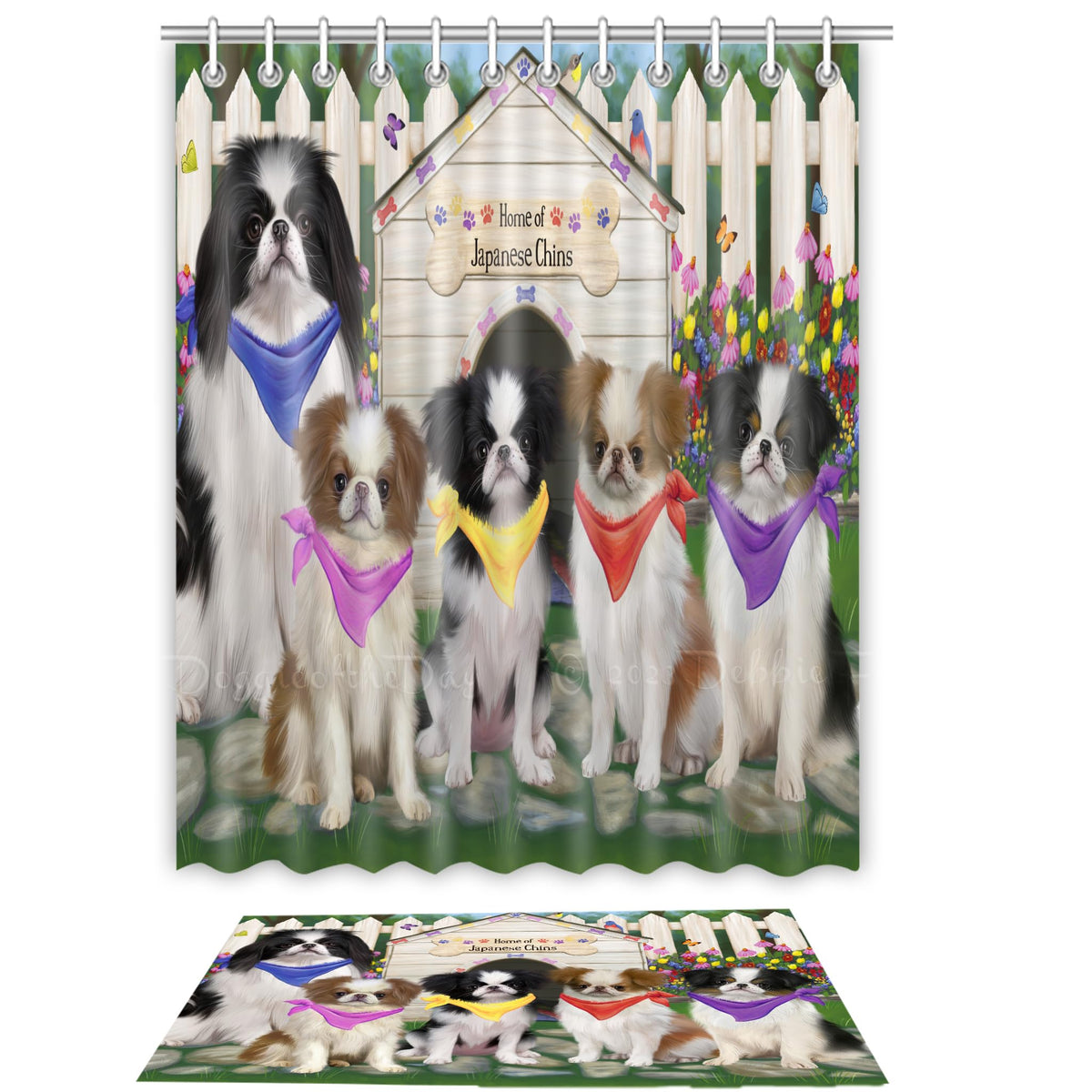 Doggie of the Day Japanese Chin Dog Bath Mat & Shower Curtain Combo - Non-Slip Bathroom Decor Plush Rug Mat Polyester Bathtub Curtain Screens with Hooks