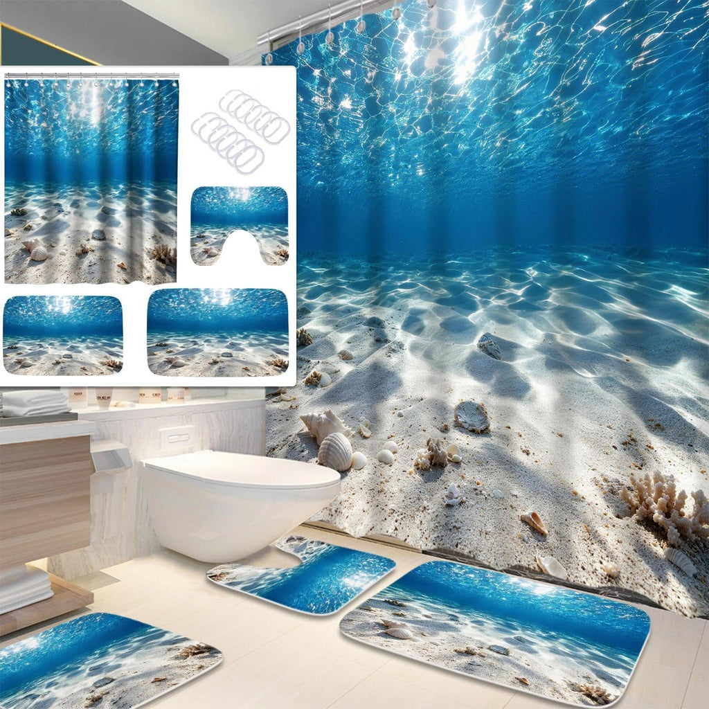 Luxury Ocean Coastal 4 Pcs Bathroom Sets with Shower Curtain Set and Rugs