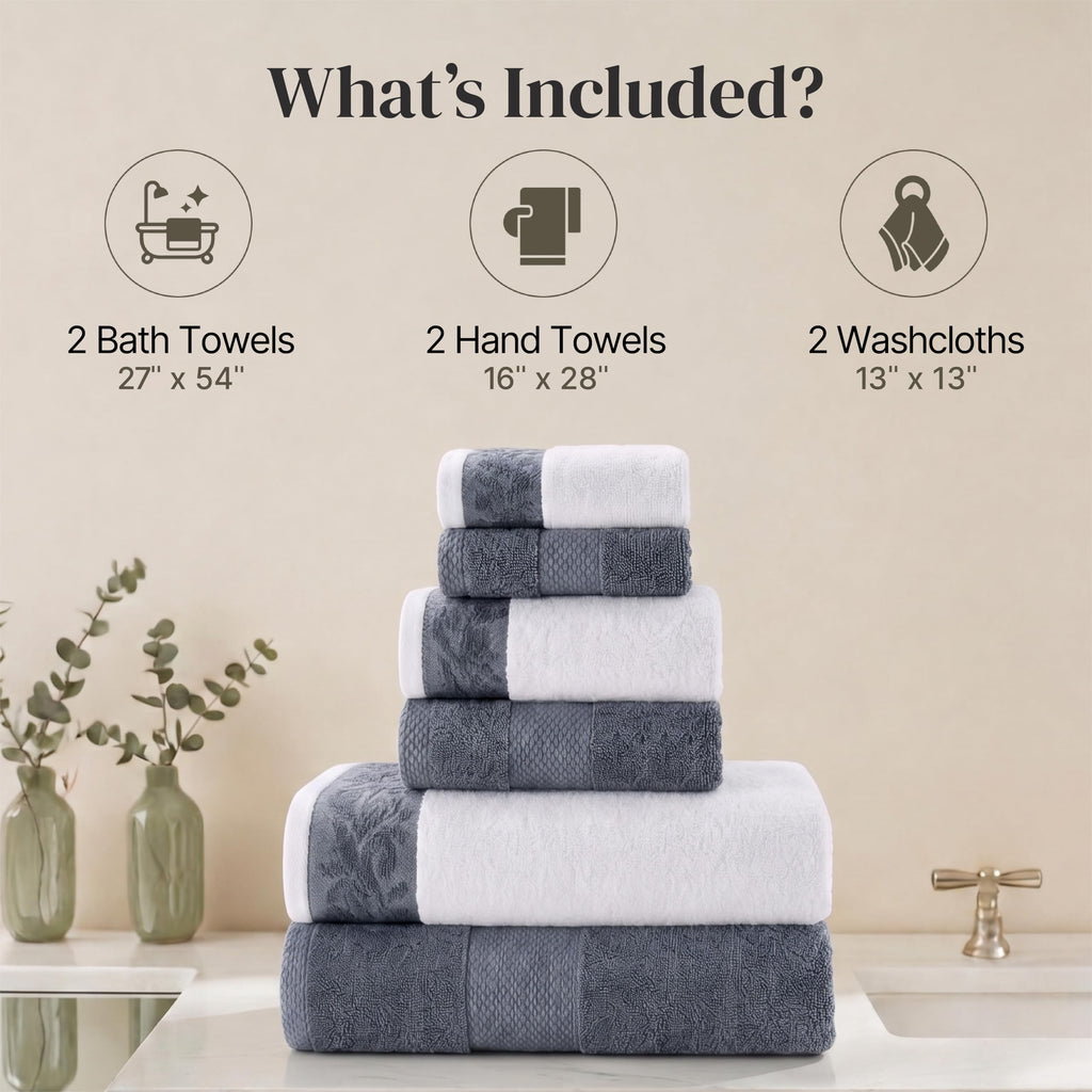 Modern Threads 6-Piece Towel Set – 100% Cotton, Quick Dry, Ultra Absorbent – Includes 2 Bath, 2 Hand, 2 Washcloths