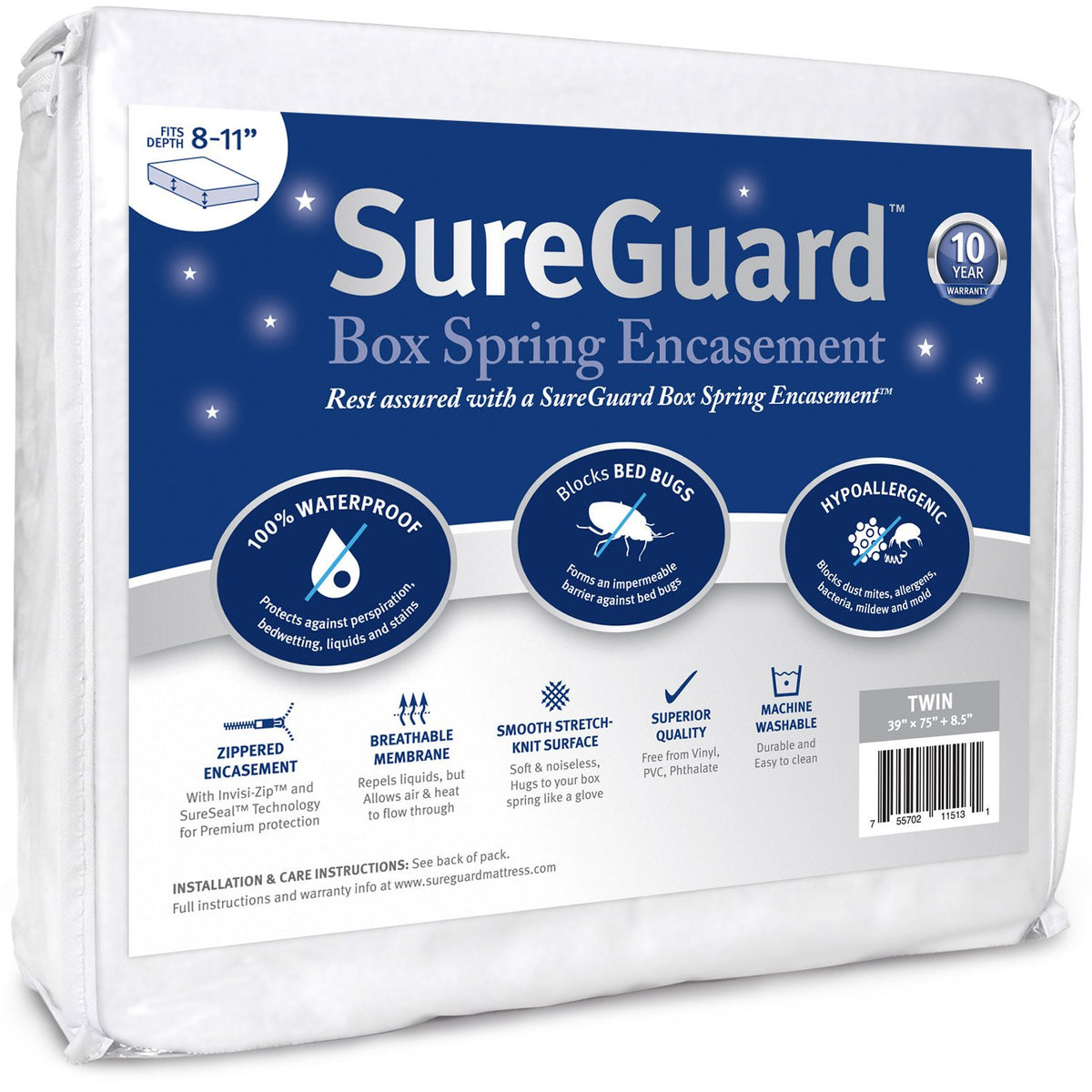 SureGuard Box Spring Cover, Waterproof Bed Bug Encasement