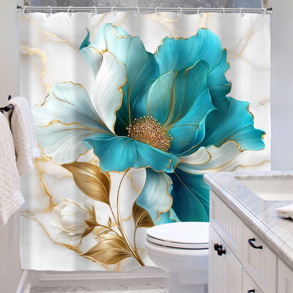Riyidecor Marble Floral 4PCS Shower Curtain Sets