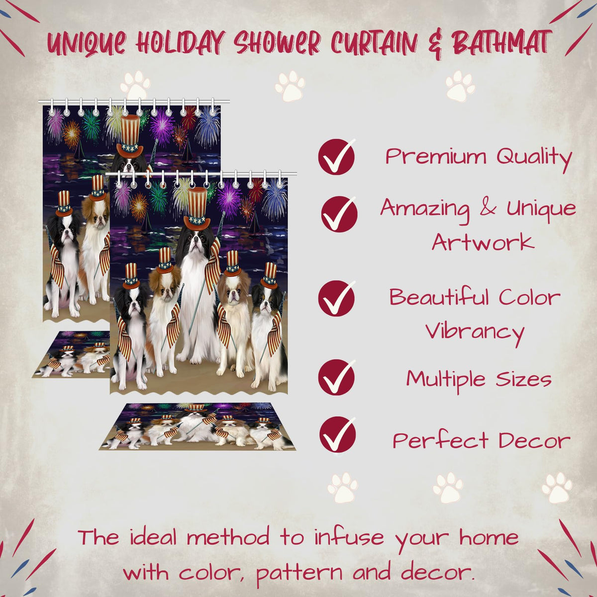 Doggie of the Day Japanese Chin Dog Bath Mat & Shower Curtain Combo - Non-Slip Bathroom Decor Plush Rug Mat Polyester Bathtub Curtain Screens with Hooks