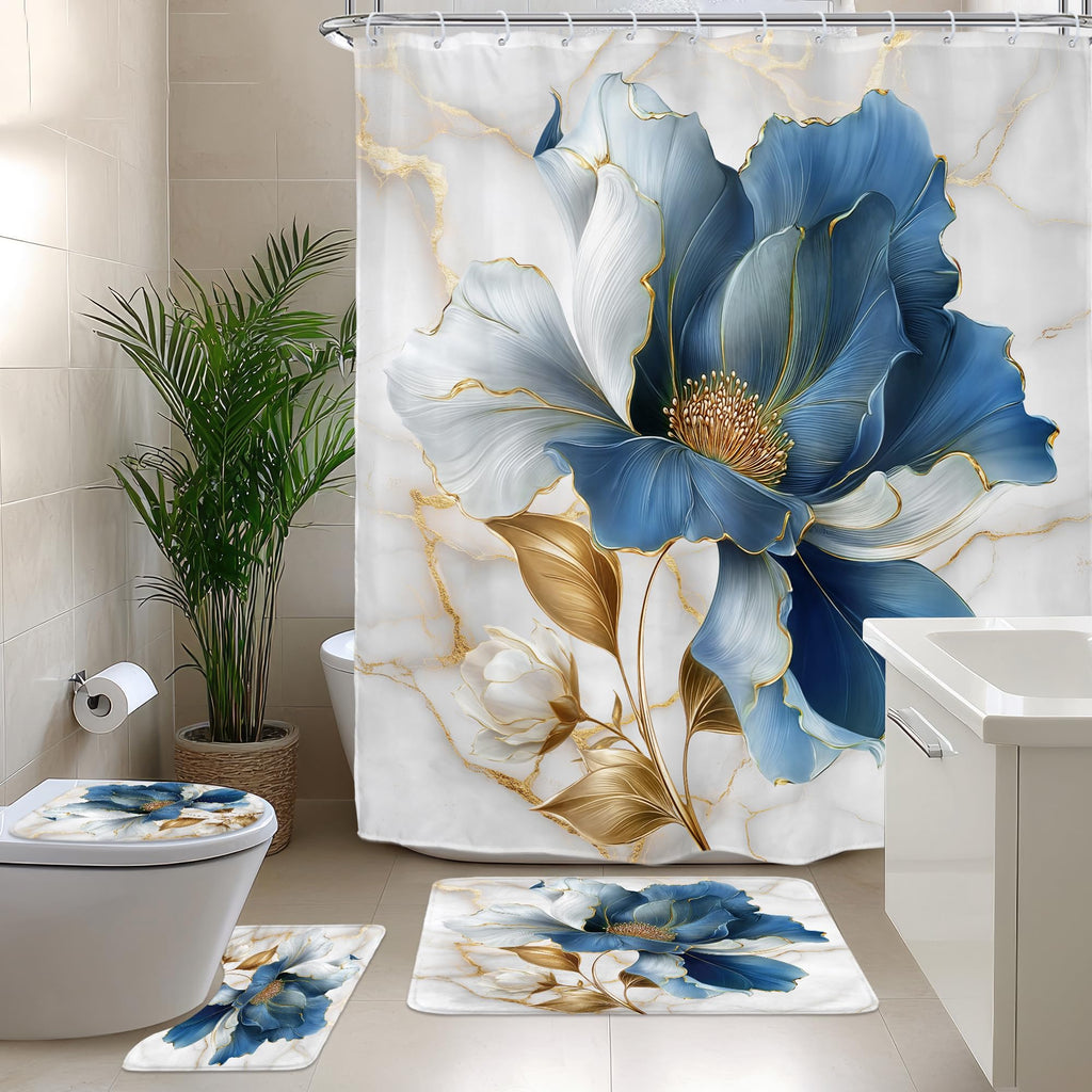 Riyidecor Marble Floral 4PCS Shower Curtain Sets