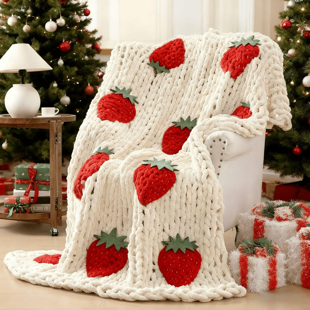 ELIRAR Chunky Knit Blanket with Strawberry Pattern, Cream White Throw