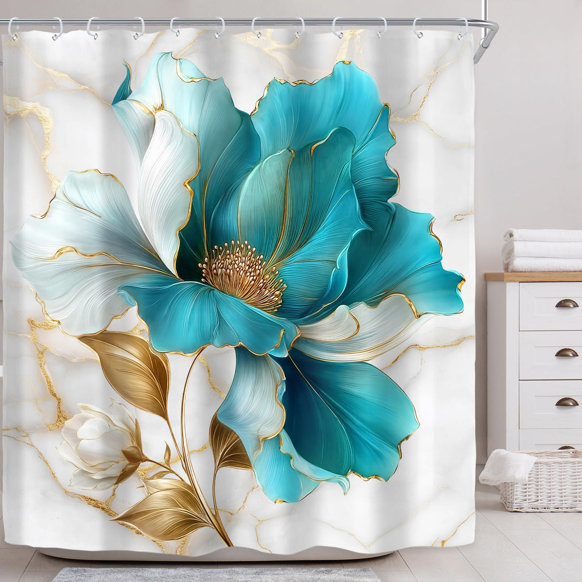 Riyidecor Marble Floral 4PCS Shower Curtain Sets