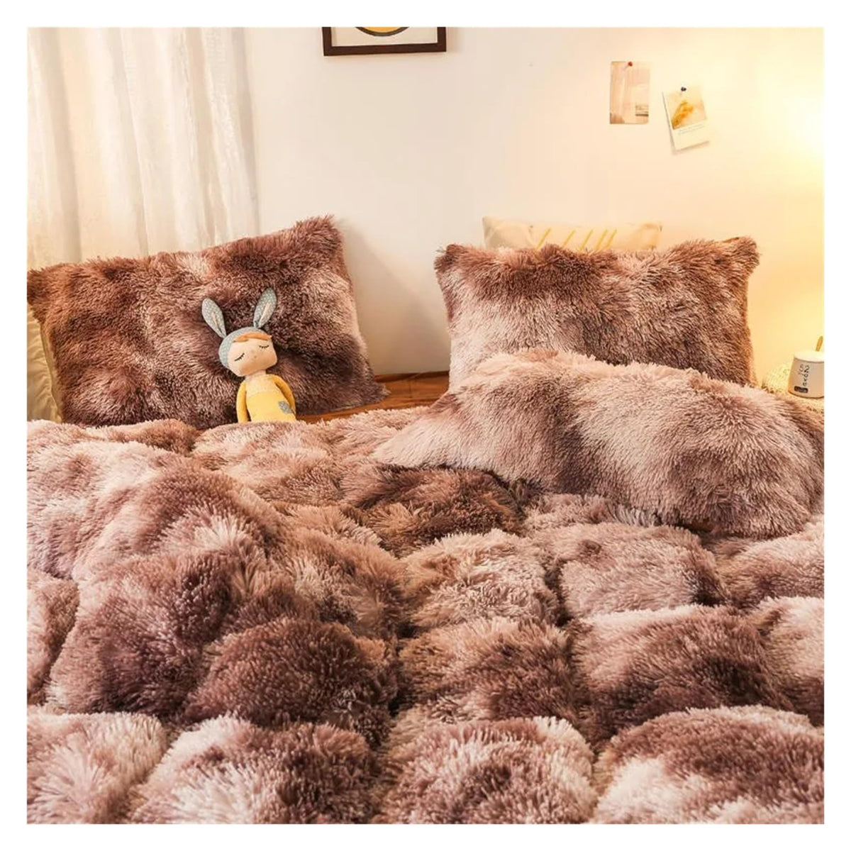 Comforter Cover Set, Gradient Color Plush Shaggy Ultra Soft Bedding Sets 4Pcs, Rainbow Tie Dye Comforter for Winter (Khaki King)